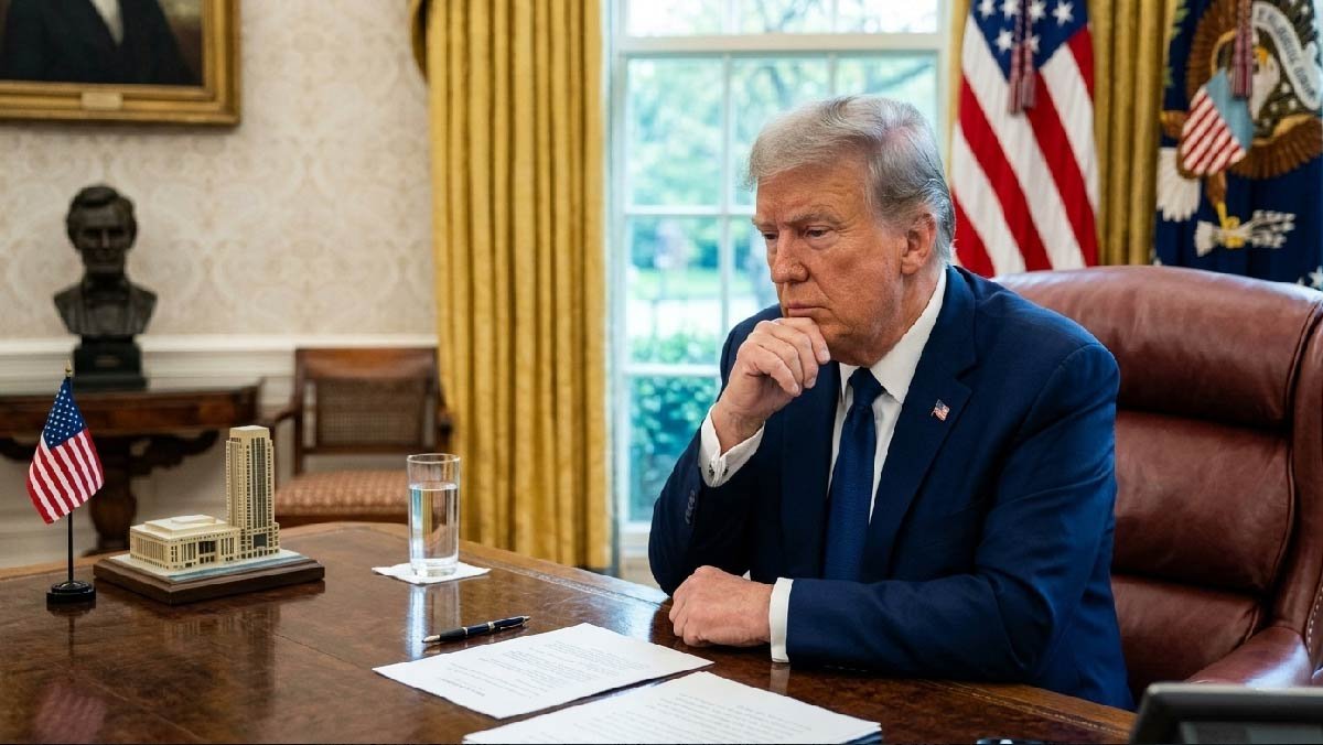 The White House Oval Office at night during the 2026 US-Iran crisis.