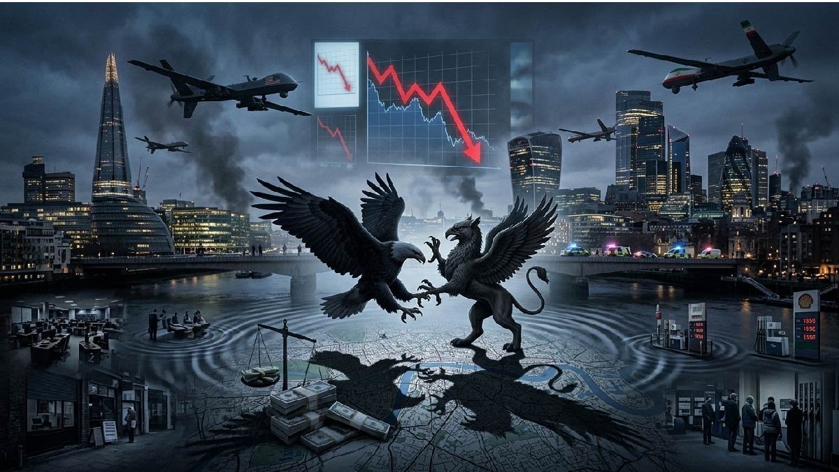 The London financial district skyline at dusk during the 2026 economic crisis.