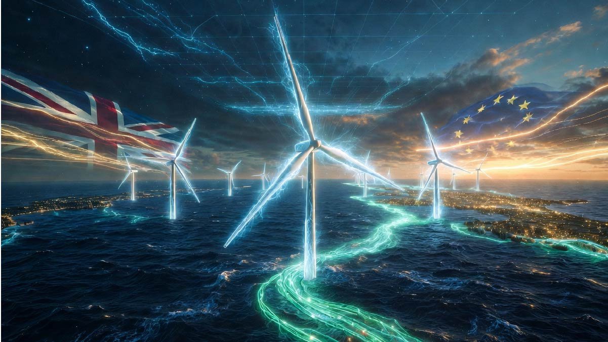Strategic offshore wind farm integration and subsea power cables connecting the UK to the European energy grid.