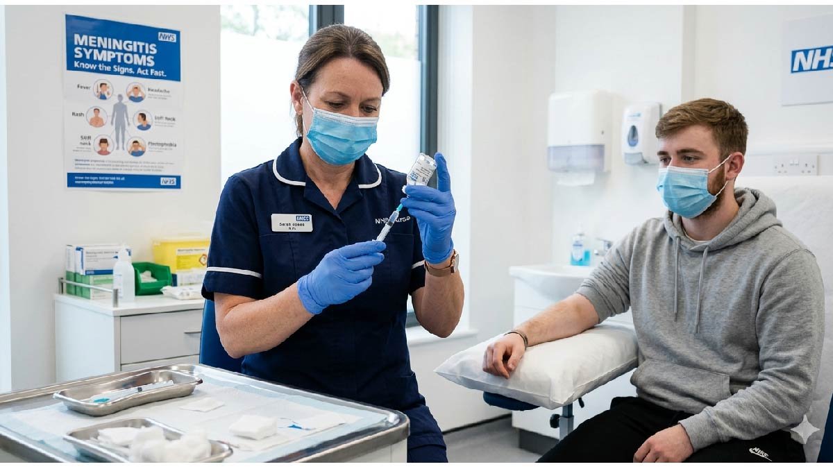 An NHS nurse preparing a meningitis vaccine for a young patient in a UK clinic.