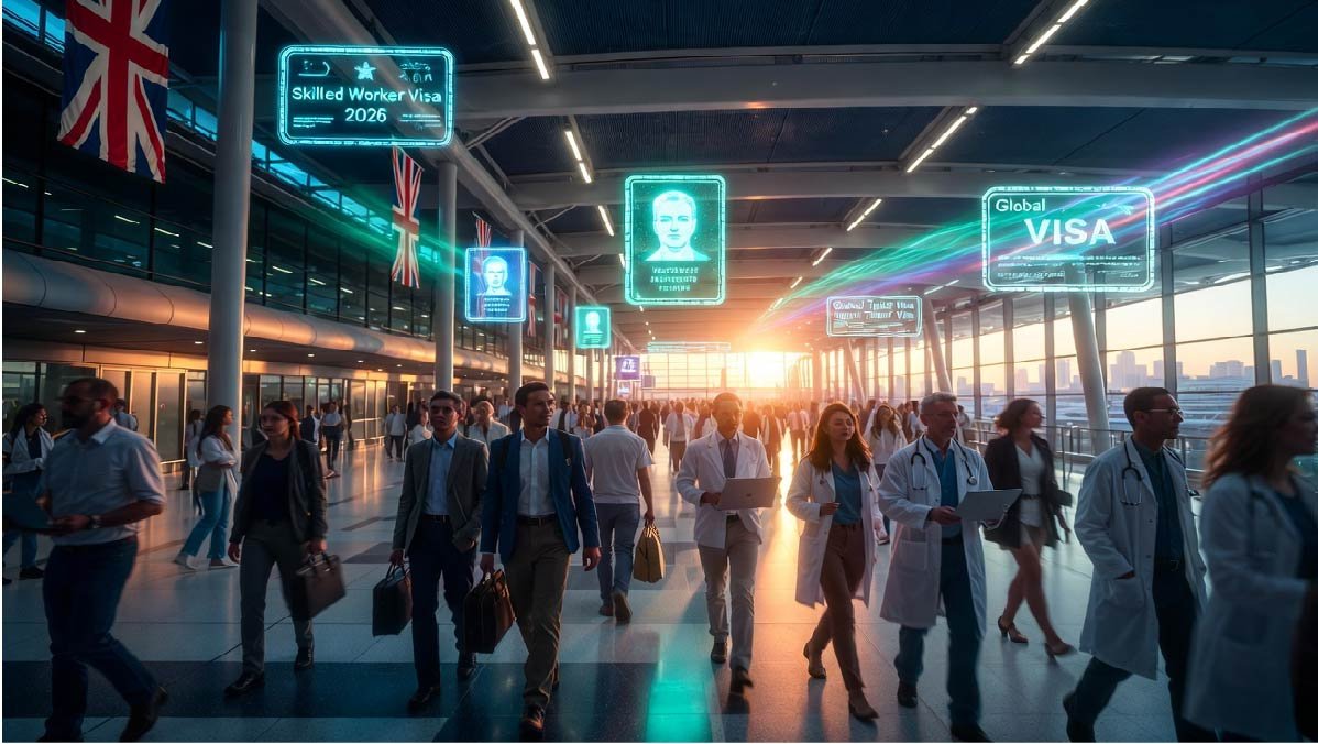 International professionals and tech workers at a modern London office representing the 2026 UK talent war and visa schemes.